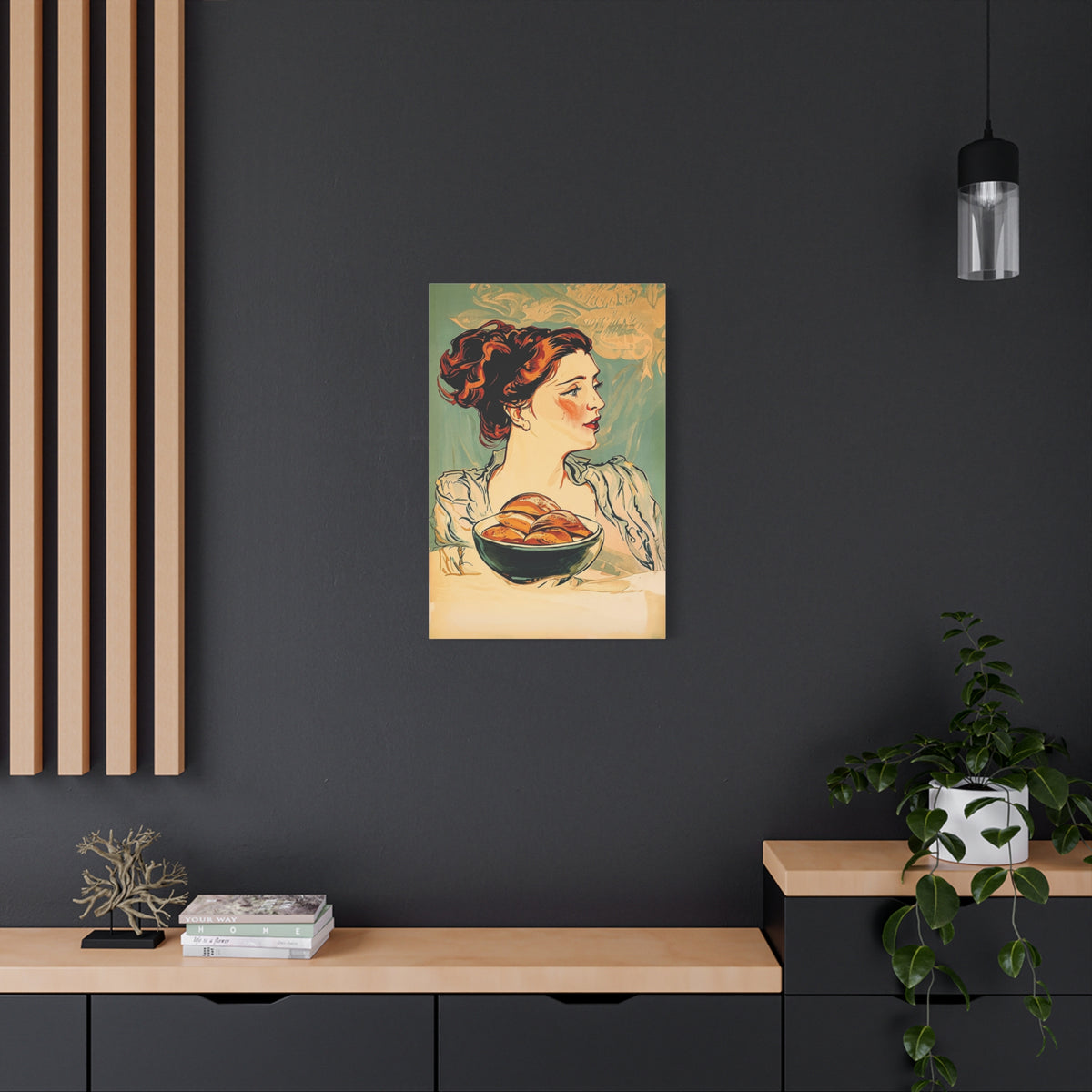 Vintage Art Nouveau Woman Canvas Print — Floral Portrait Matte Stretched Wall Art