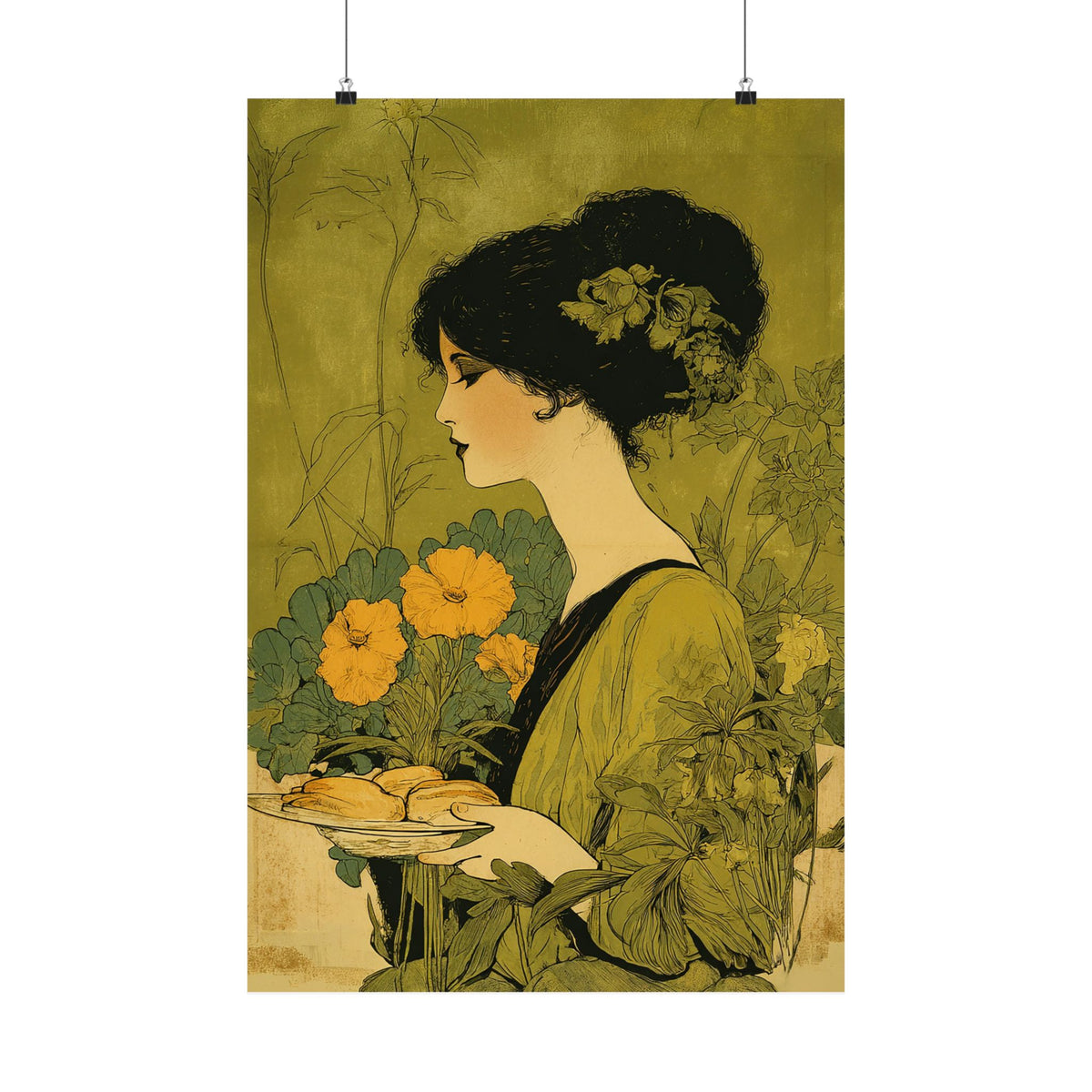 An Art Nouveau style poster print featuring a woman in profile with dark hair adorned with flowers, holding a plate of pastries, surrounded by yellow flowers and green foliage on an olive-green background.