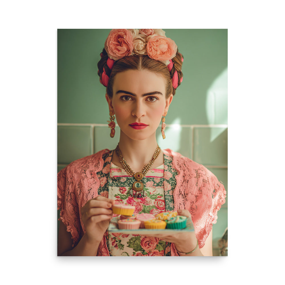 Colorful artistic kitchen portrait of a floral-crowned woman presenting a decorated cake.