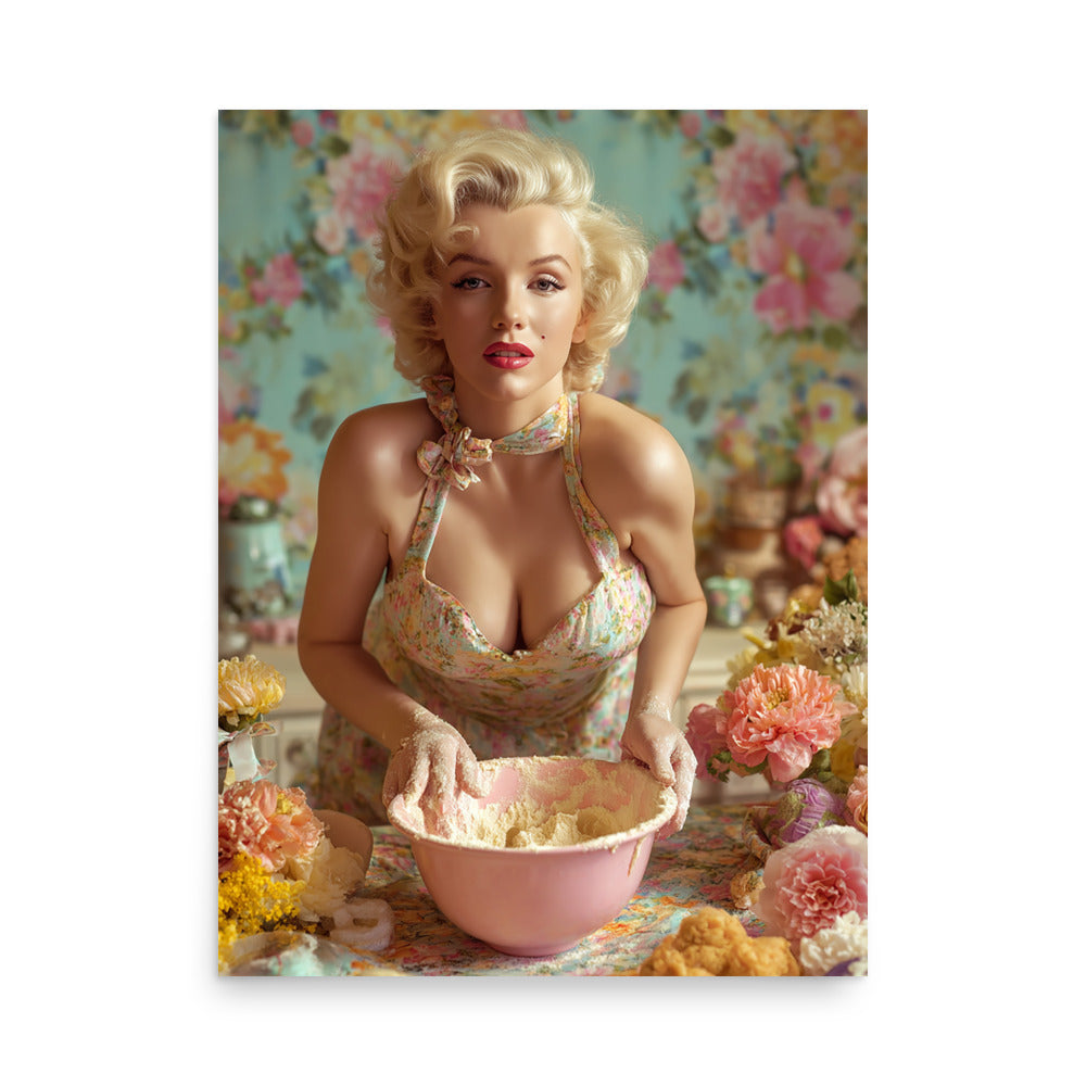 Retro Hollywood-inspired blonde baker preparing cakes in a colorful vintage kitchen.