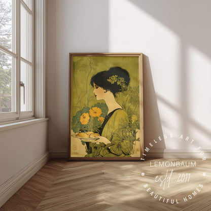 A framed vintage-style art print leaning against a wall in a sunlit room. The print depicts a woman in profile with dark hair and yellow flowers, rendered in muted olive, beige, and black tones.