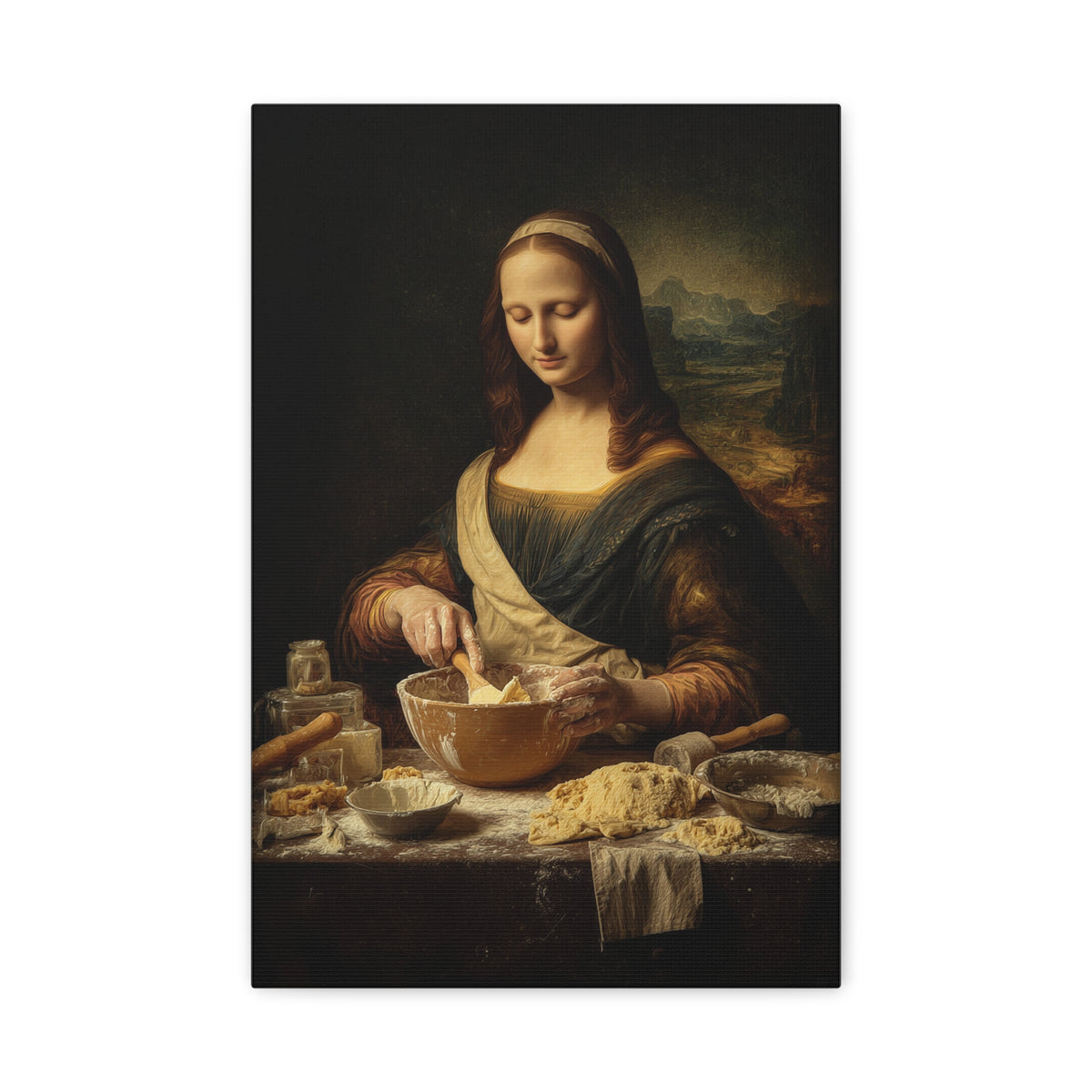 Mona Lisa Bakes Canvas | Funny Renaissance Kitchen & Baking Wall Art