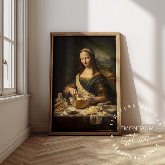 A framed art print of a classical painting featuring a woman Monalisa baking. The print has a warm brown frame and a watermark reading 'TIMELESS ART FOR LEMONBAUM est.