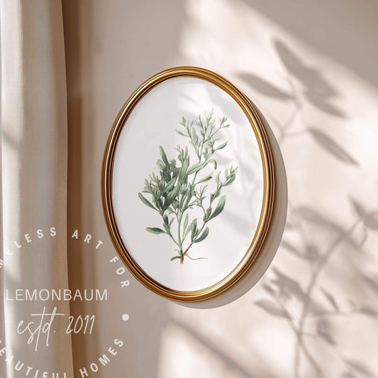 Oval framed botanical art print featuring a green leafy plant illustration on a white background, with a gold frame hanging on a beige wall. Soft sunlight and leaf shadows fall across the wall, and a watermark reads 'Lemonbaum' with 'Timeless Art for Beautiful Homes'.
