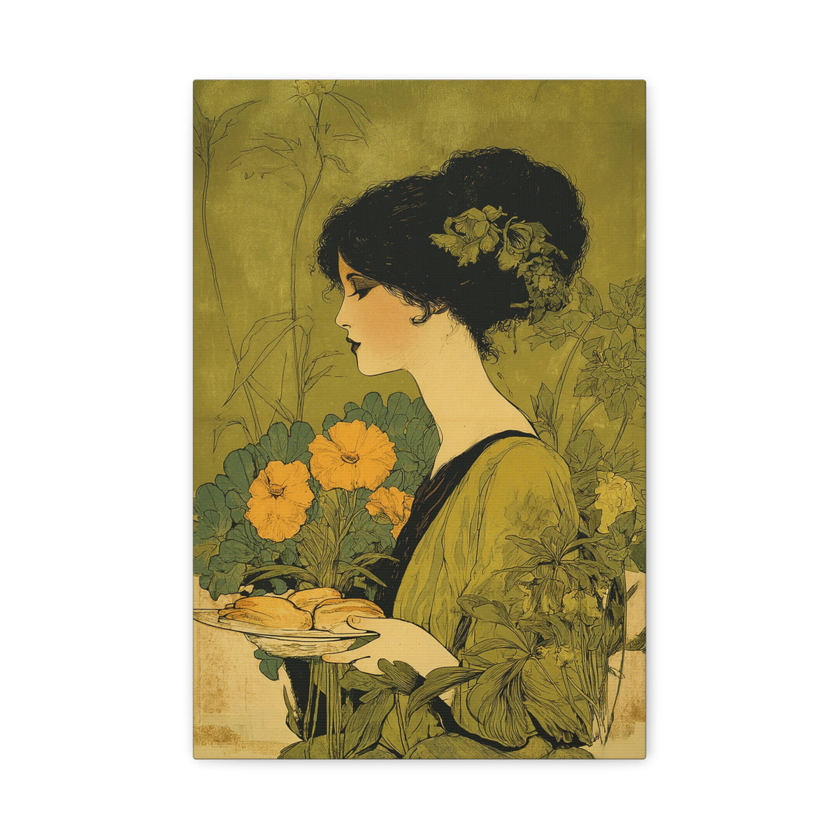 Vintage Art Nouveau Woman Canvas Print — Floral Portrait Matte Stretched Wall Art