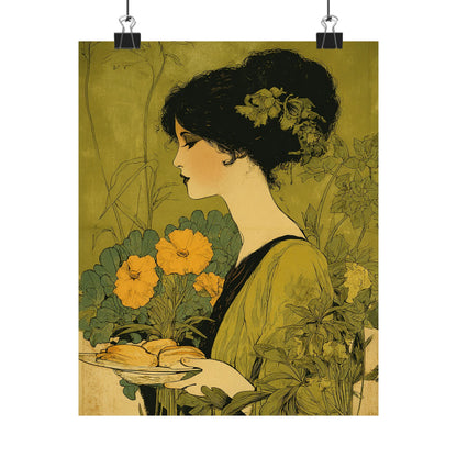 An Art Nouveau style poster print hanging from two black binder clips against a white background. The illustration depicts a woman in profile with dark hair adorned with flowers, holding a plate of pastries, surrounded by yellow flowers and green foliage, in a muted olive-green and beige palette.