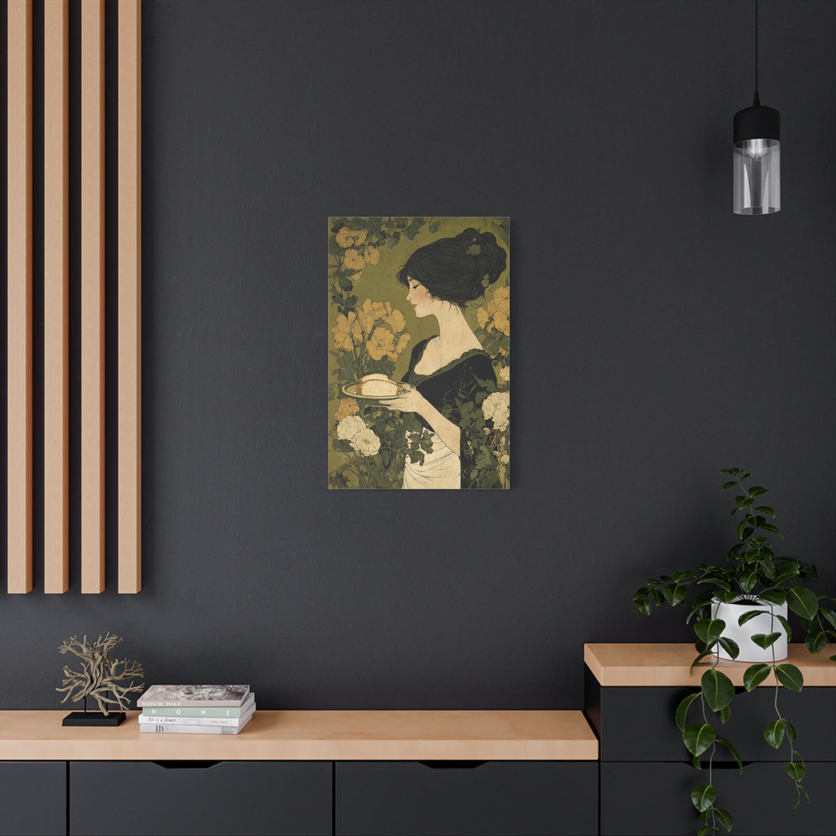 Vintage Art Nouveau Woman Canvas Print — Floral Portrait Matte Stretched Wall Art