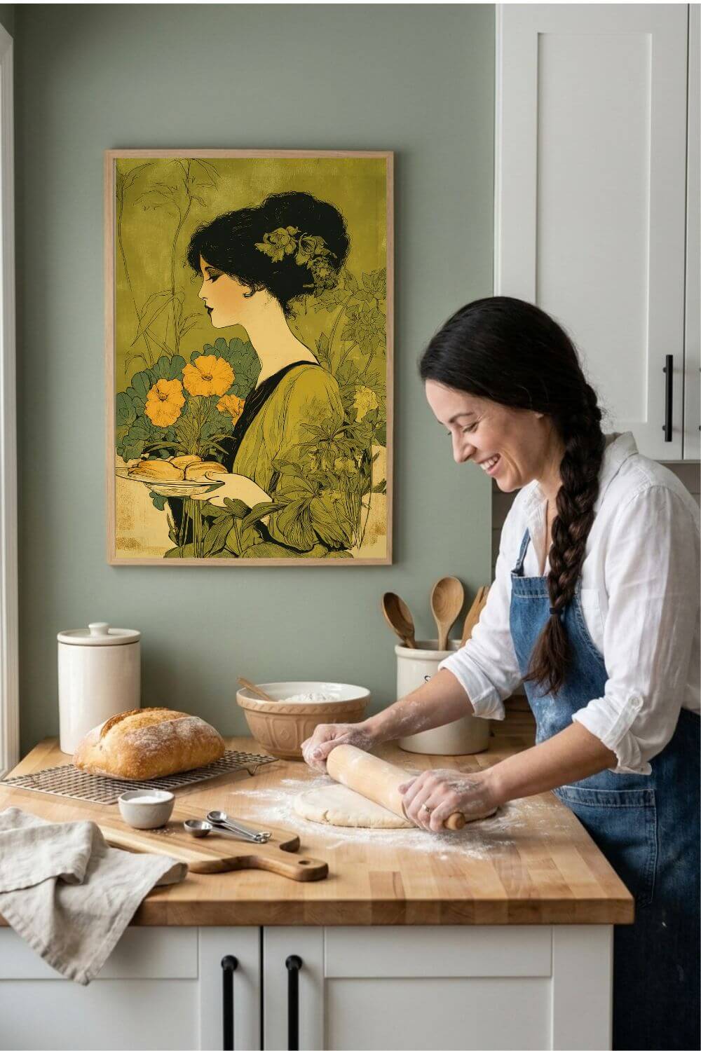 Art Nouveau Baker Canvas – Vintage Kitchen Wall Art, Baking & Bakery Decor, Floral Art Print