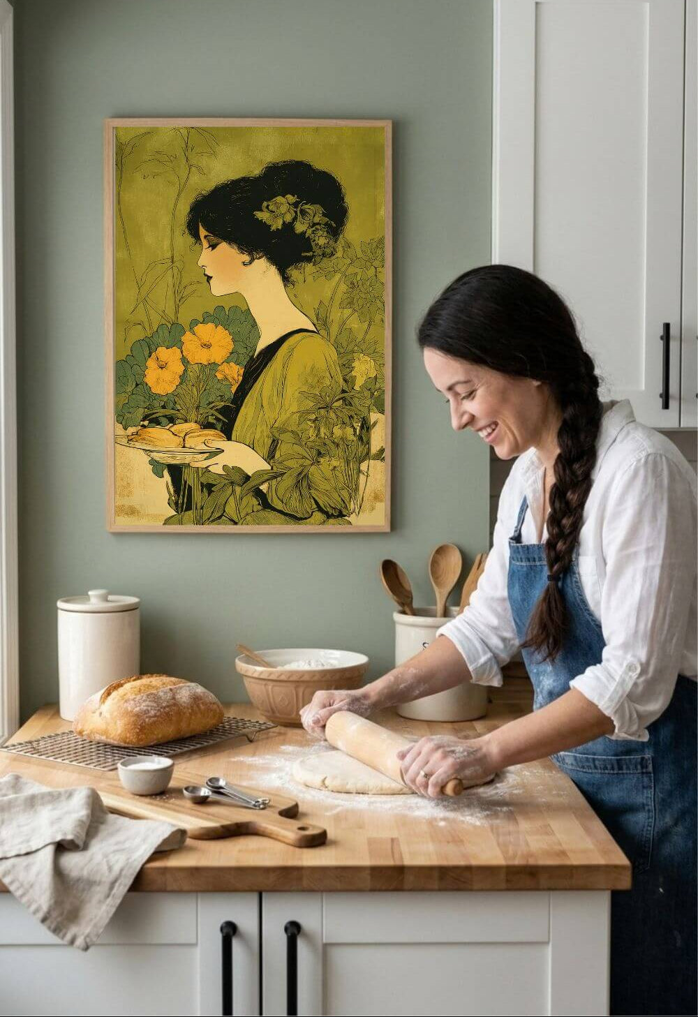 Art Nouveau Baker Poster – Vintage Kitchen Wall Art, Baking & Bakery Decor, Floral Art Print