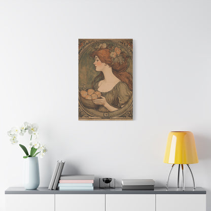 Vintage Art Nouveau Woman Canvas Print — Floral Portrait Matte Stretched Wall Art