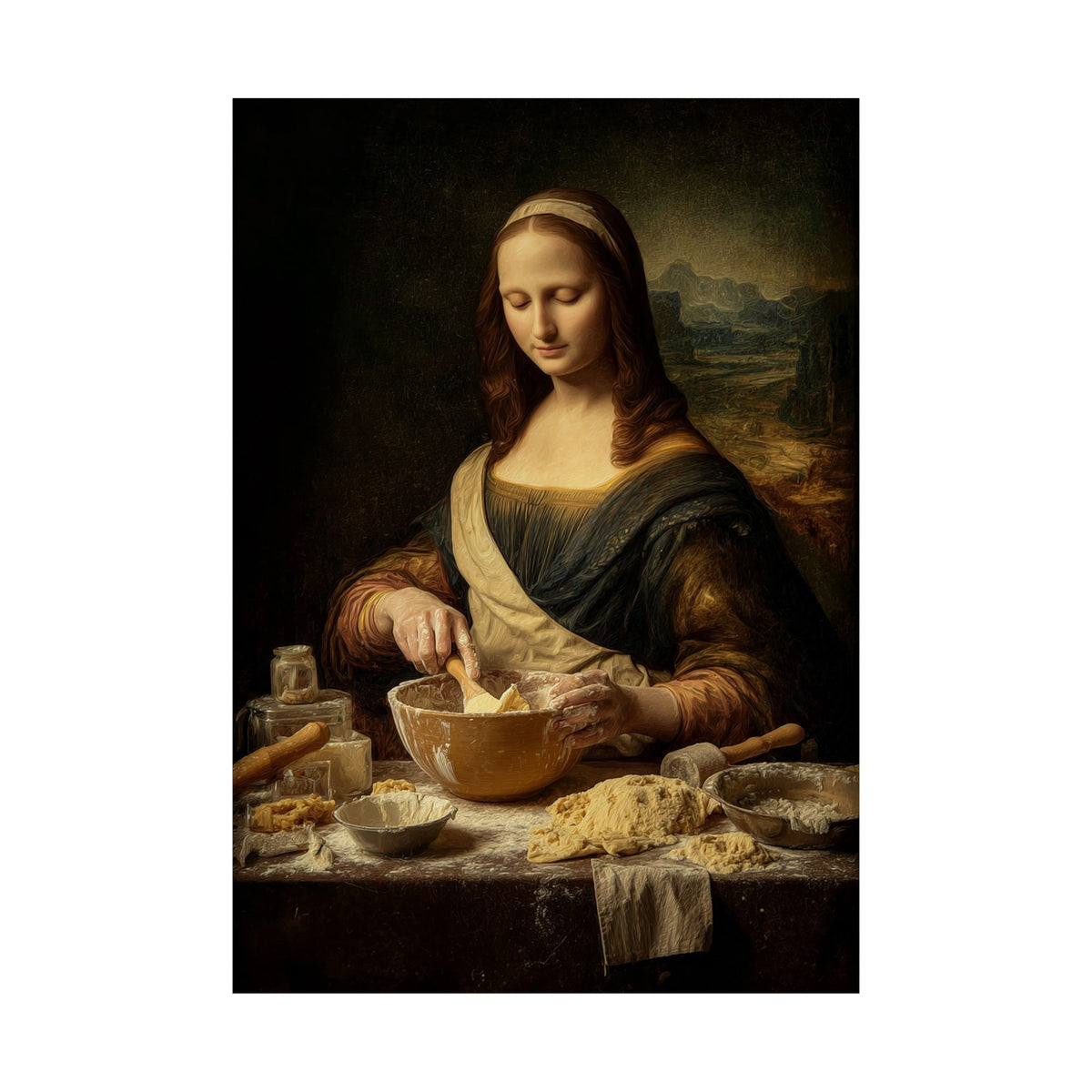 Mona Lisa Bakes Poster | Funny Renaissance Kitchen & Baking Wall Art