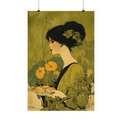 An Art Nouveau style poster print featuring a woman in profile with dark hair adorned with flowers, holding a plate of pastries, surrounded by yellow flowers and green foliage on an olive-green background.