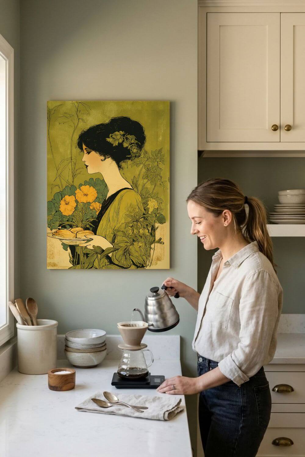 Art Nouveau Baker Canvas – Vintage Kitchen Wall Art, Baking & Bakery Decor, Floral Art Print