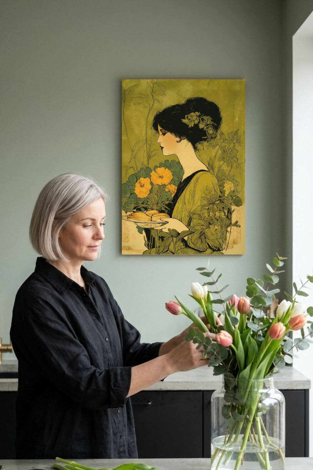 Art Nouveau Baker Canvas – Vintage Kitchen Wall Art, Baking & Bakery Decor, Floral Art Print