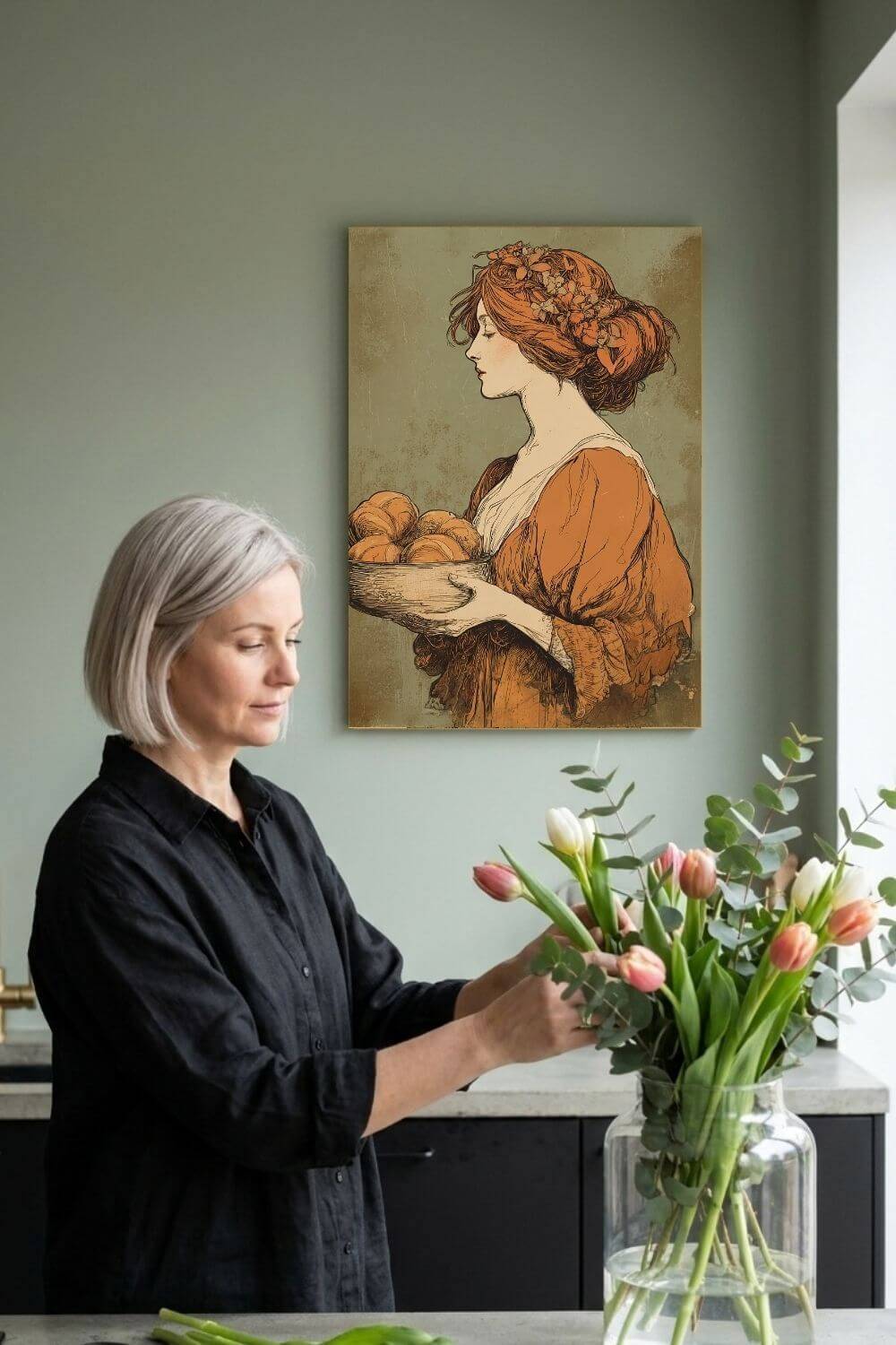 The Harvest Baker Canvas | Vintage Kitchen Wall Art & Cottagecore Print | Vintage Floral Portrait