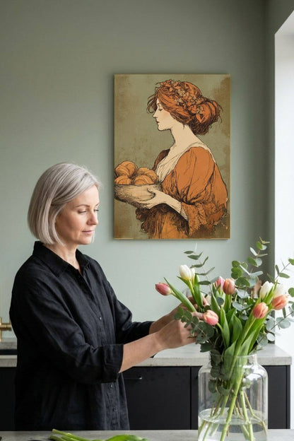 The Harvest Baker Canvas | Vintage Kitchen Wall Art & Cottagecore Print | Vintage Floral Portrait