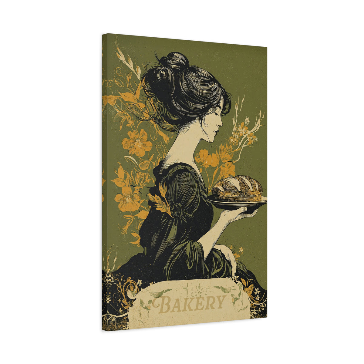 Vintage Art Nouveau Woman Canvas Print — Floral Portrait Matte Stretched Wall Art