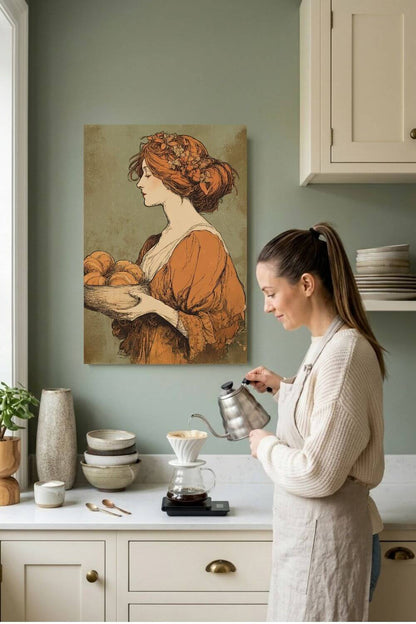 The Harvest Baker Canvas | Vintage Kitchen Wall Art & Cottagecore Print | Vintage Floral Portrait