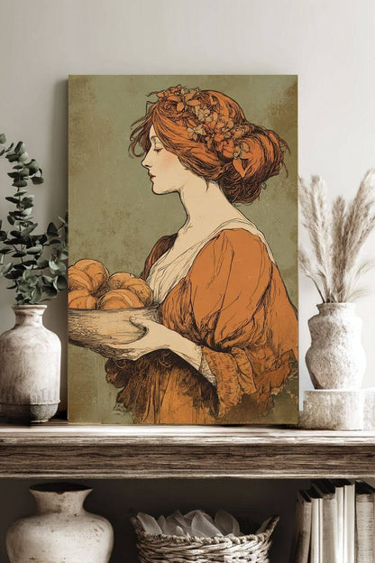 The Harvest Baker Canvas | Vintage Kitchen Wall Art & Cottagecore Print | Vintage Floral Portrait