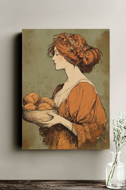 The Harvest Baker Canvas | Vintage Kitchen Wall Art & Cottagecore Print | Vintage Floral Portrait