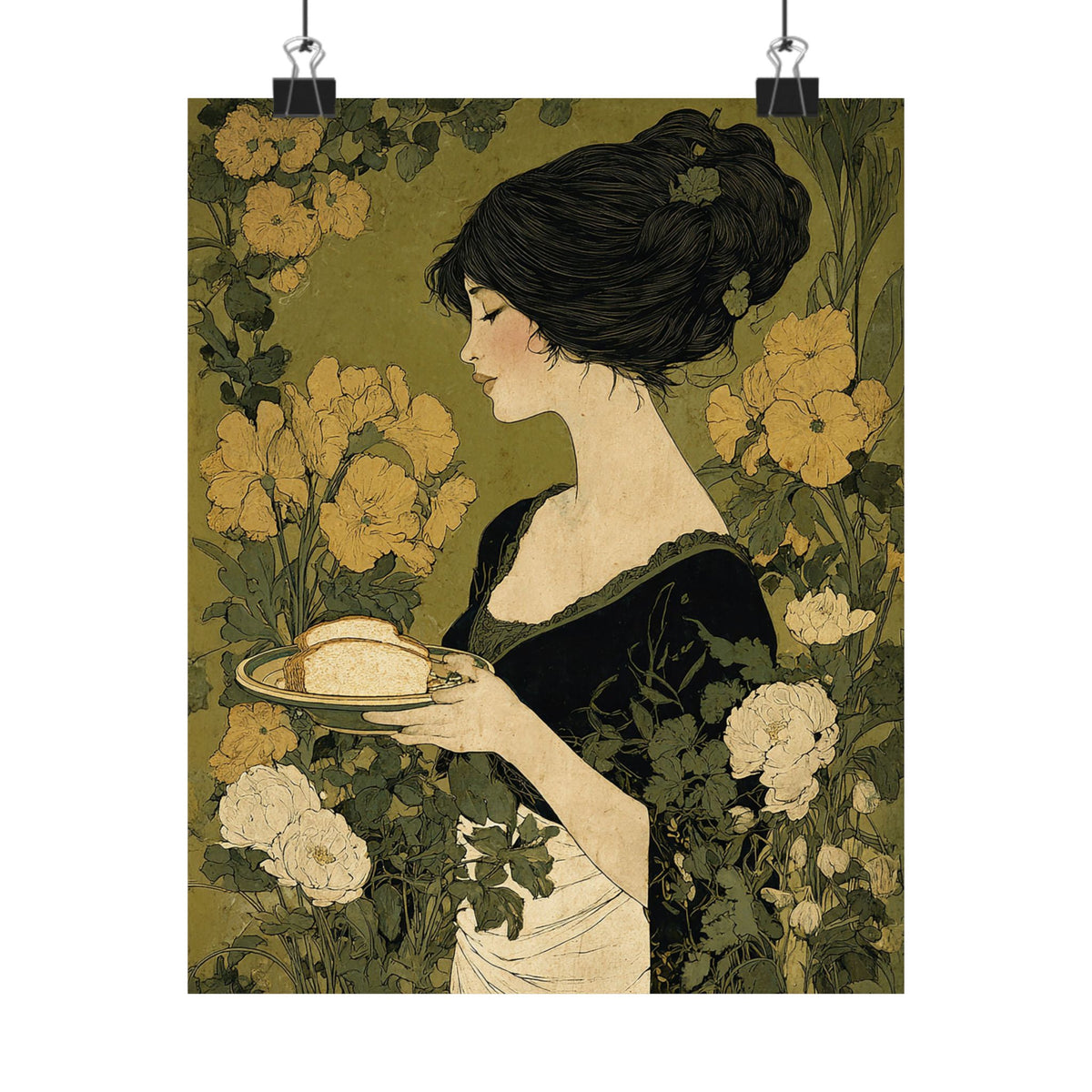 Art Nouveau Lady with Marigolds Matte Vertical Poster | Vintage Floral Portrait