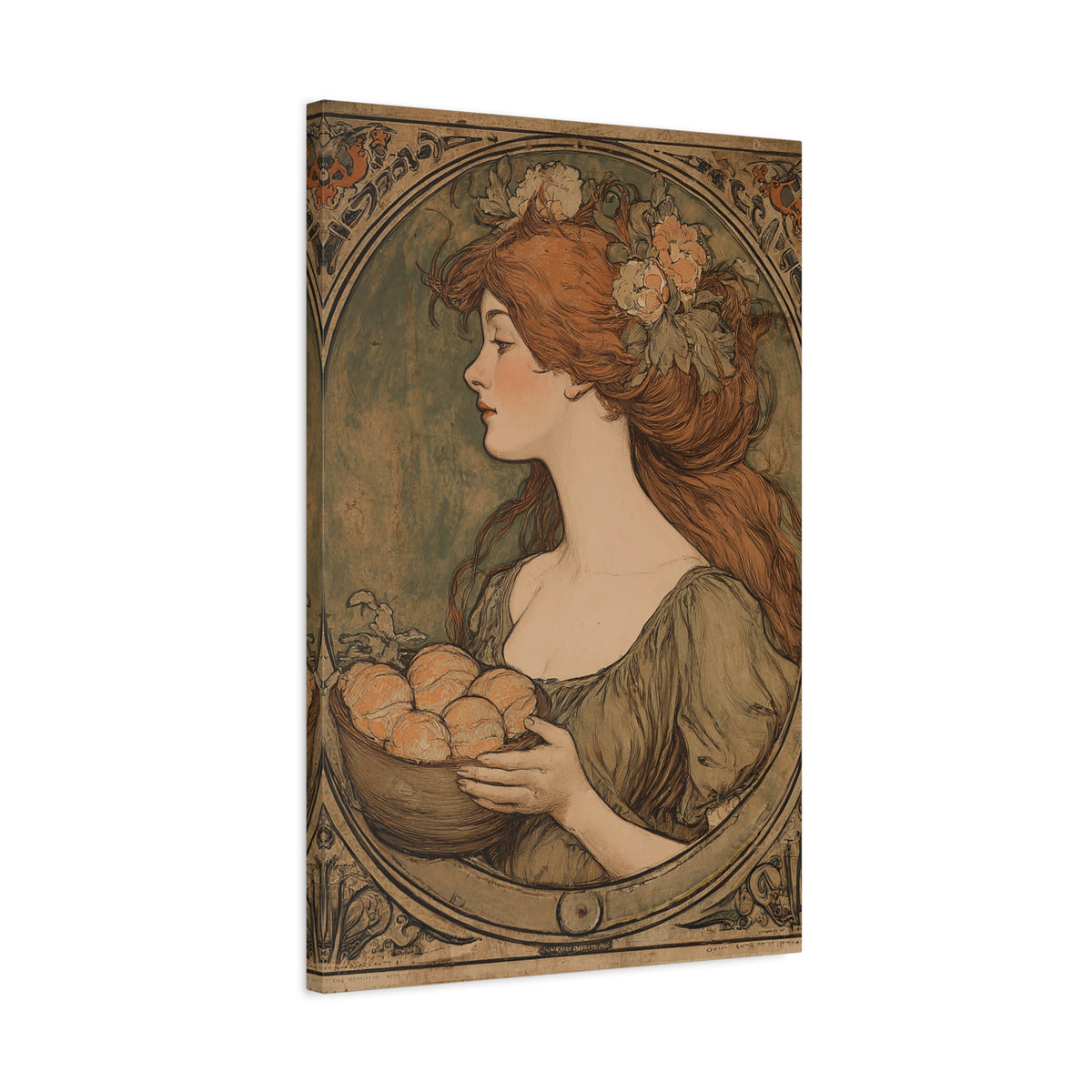 Vintage Art Nouveau Woman Canvas Print — Floral Portrait Matte Stretched Wall Art