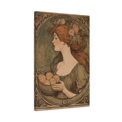 Vintage Art Nouveau Woman Canvas Print — Floral Portrait Matte Stretched Wall Art