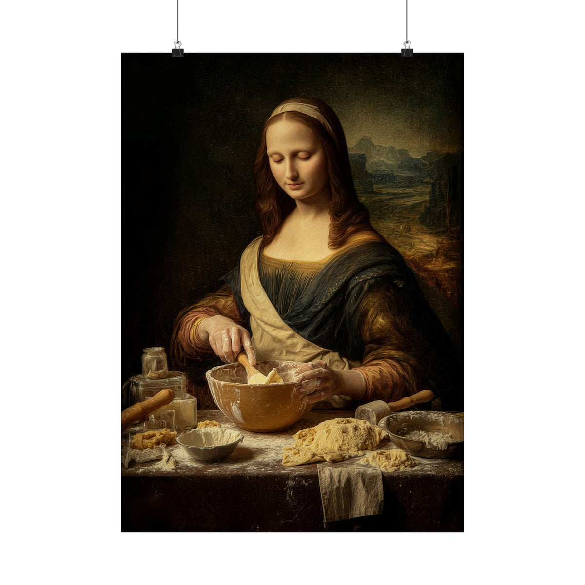 Mona Lisa Bakes Poster | Funny Renaissance Kitchen & Baking Wall Art