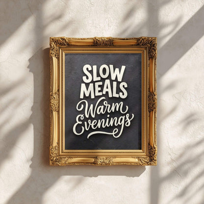 Slow Meals Warm Evenings – Cozy Kitchen Quote Poster