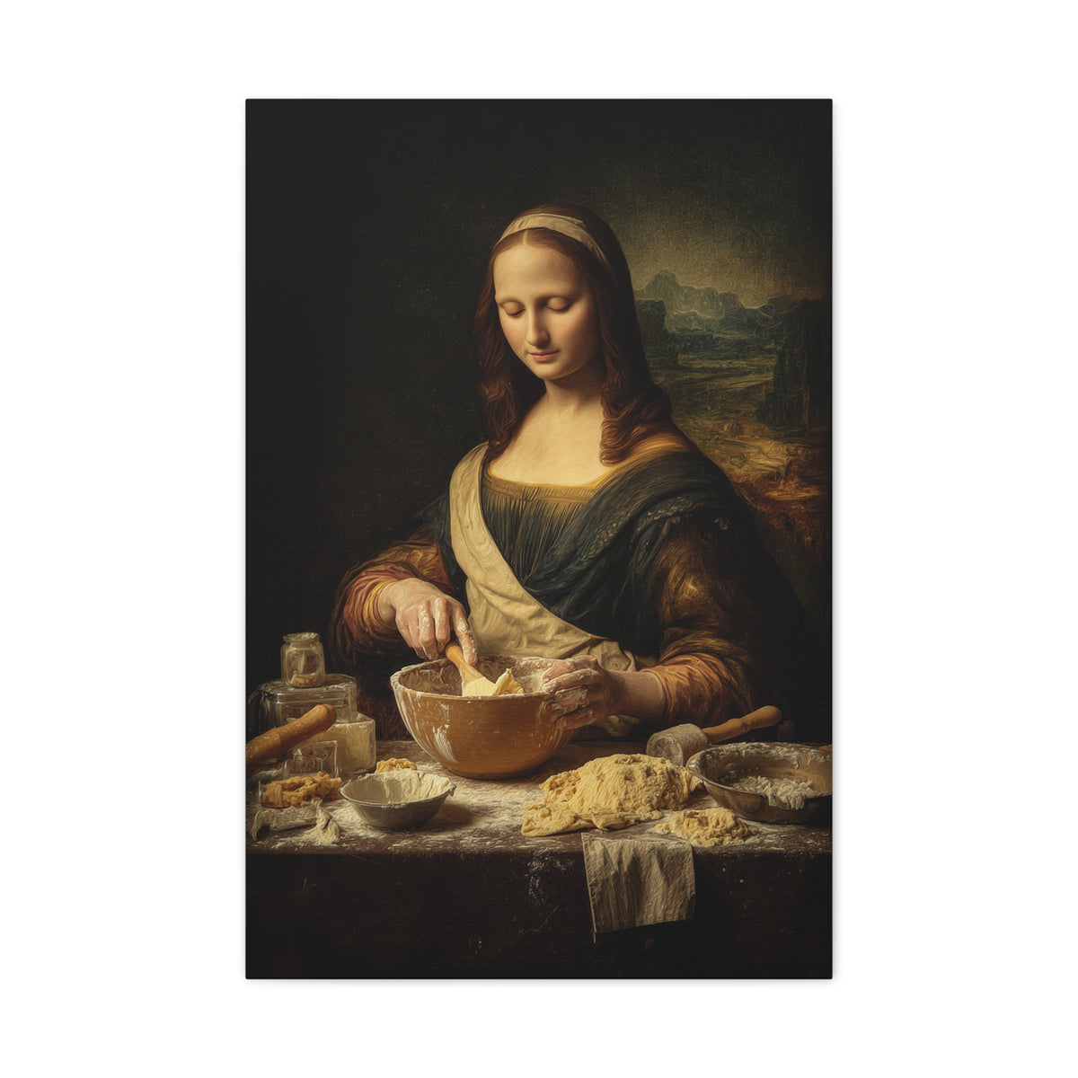 Mona Lisa Bakes Canvas | Funny Renaissance Kitchen & Baking Wall Art