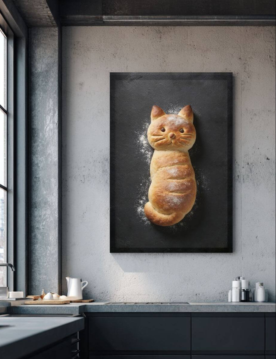 A framed vertical wall art print showing a golden-brown cat-bread, displayed on a gray concrete wall in a modern kitchen setting.