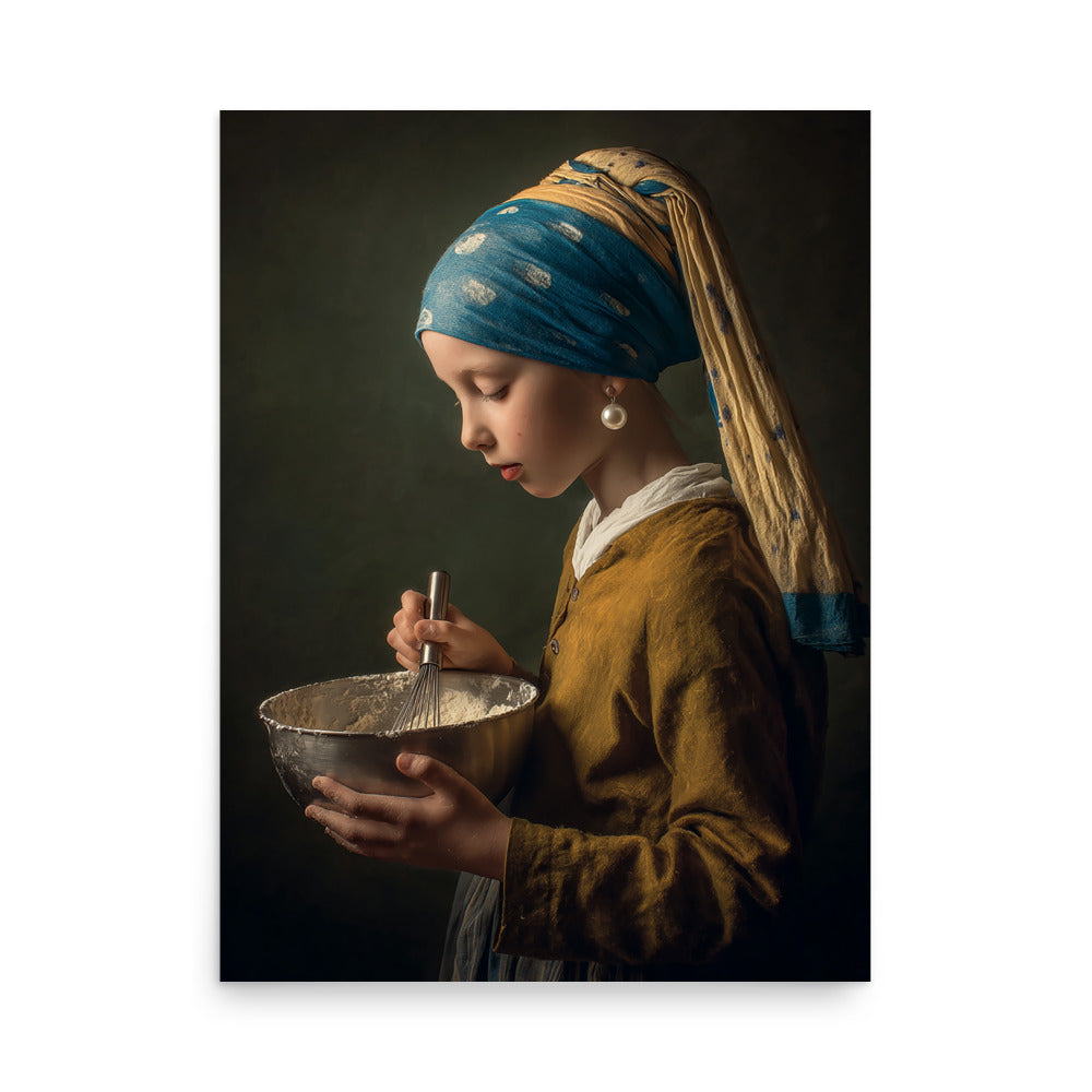 Old-master-inspired kitchen portrait of a young woman preparing food in a softly lit historical interior.