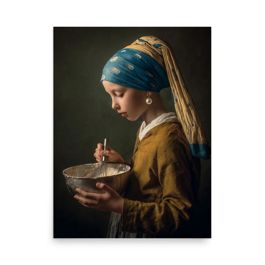 Old-master-inspired kitchen portrait of a young woman preparing food in a softly lit historical interior.