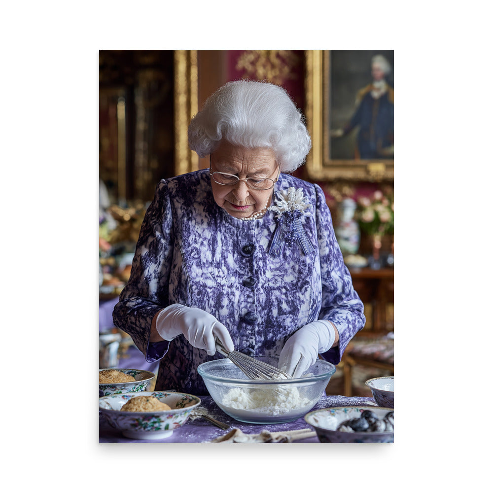 Humorous royal-inspired portrait of an elegantly dressed older woman baking and preparing cakes in a decorative kitchen.