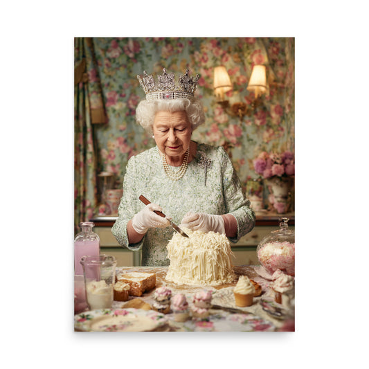 Humorous royal-inspired portrait of an elegantly dressed older woman baking and preparing cakes in a decorative kitchen.