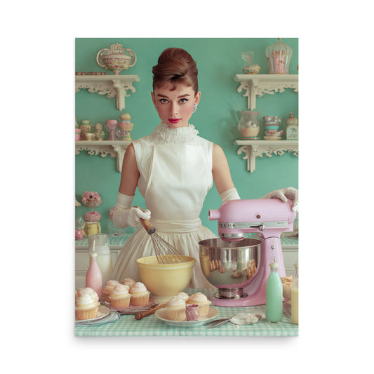 Elegant Hollywood glamour-inspired woman in pink baking in a stylish retro kitchen.