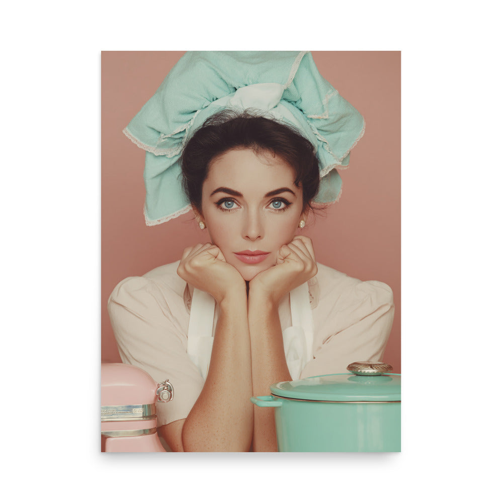 Retro Hollywood-inspired blonde baker preparing cakes in a colorful vintage kitchen.