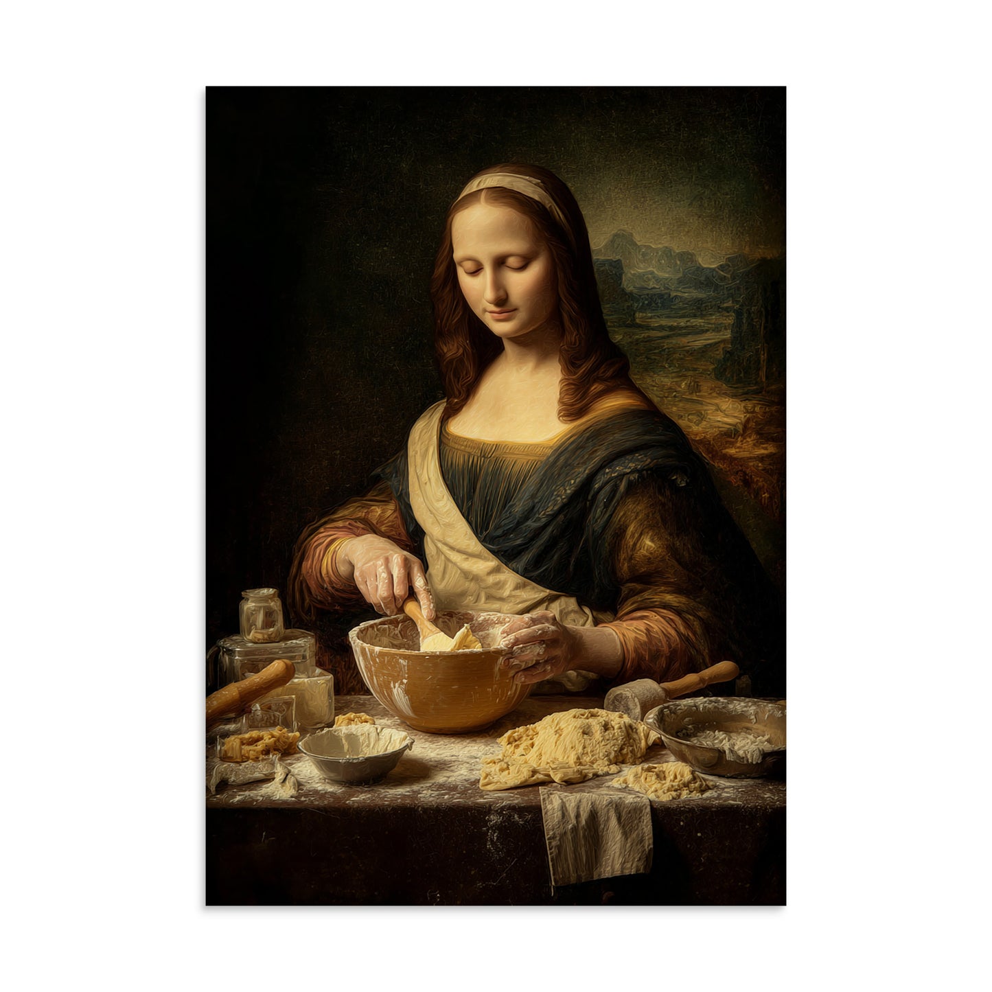 Renaissance-inspired female portrait reimagined as a baker preparing cakes and food in a classical kitchen.