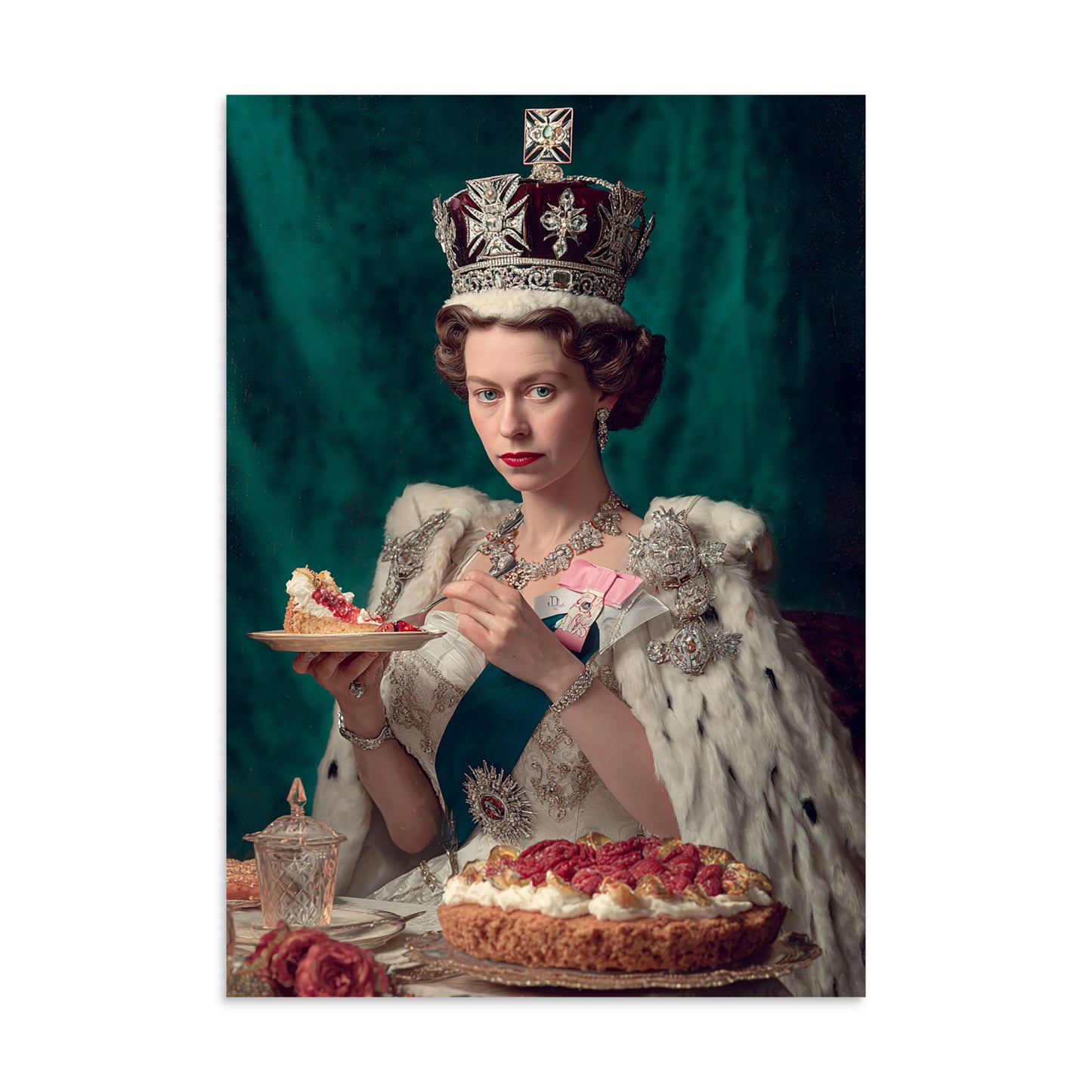 Humorous royal-inspired portrait of an elegantly dressed older woman baking and preparing cakes in a decorative kitchen.